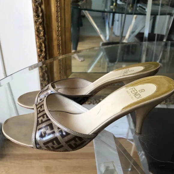 Vintage Fendi brown monogram mules kitten heels size 36